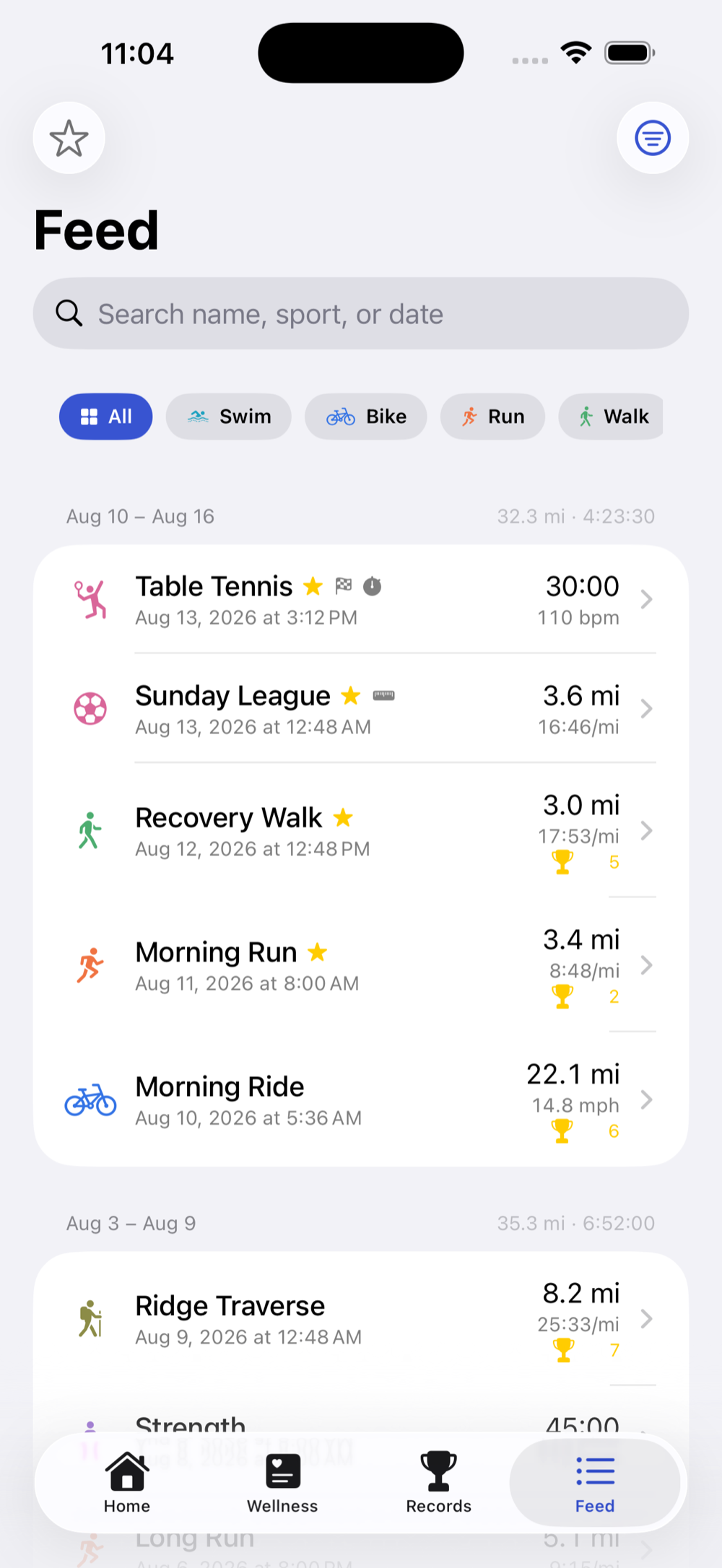 Activity feed across many sports with record badges and weekly totals