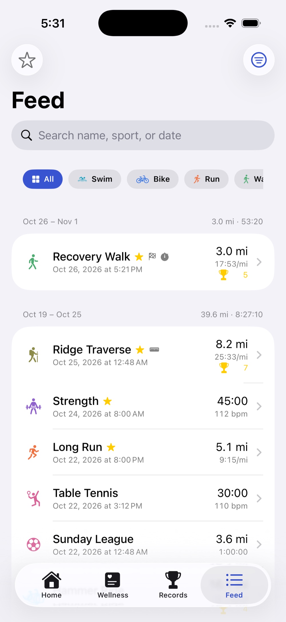 Feed with weekly totals above each week's activities