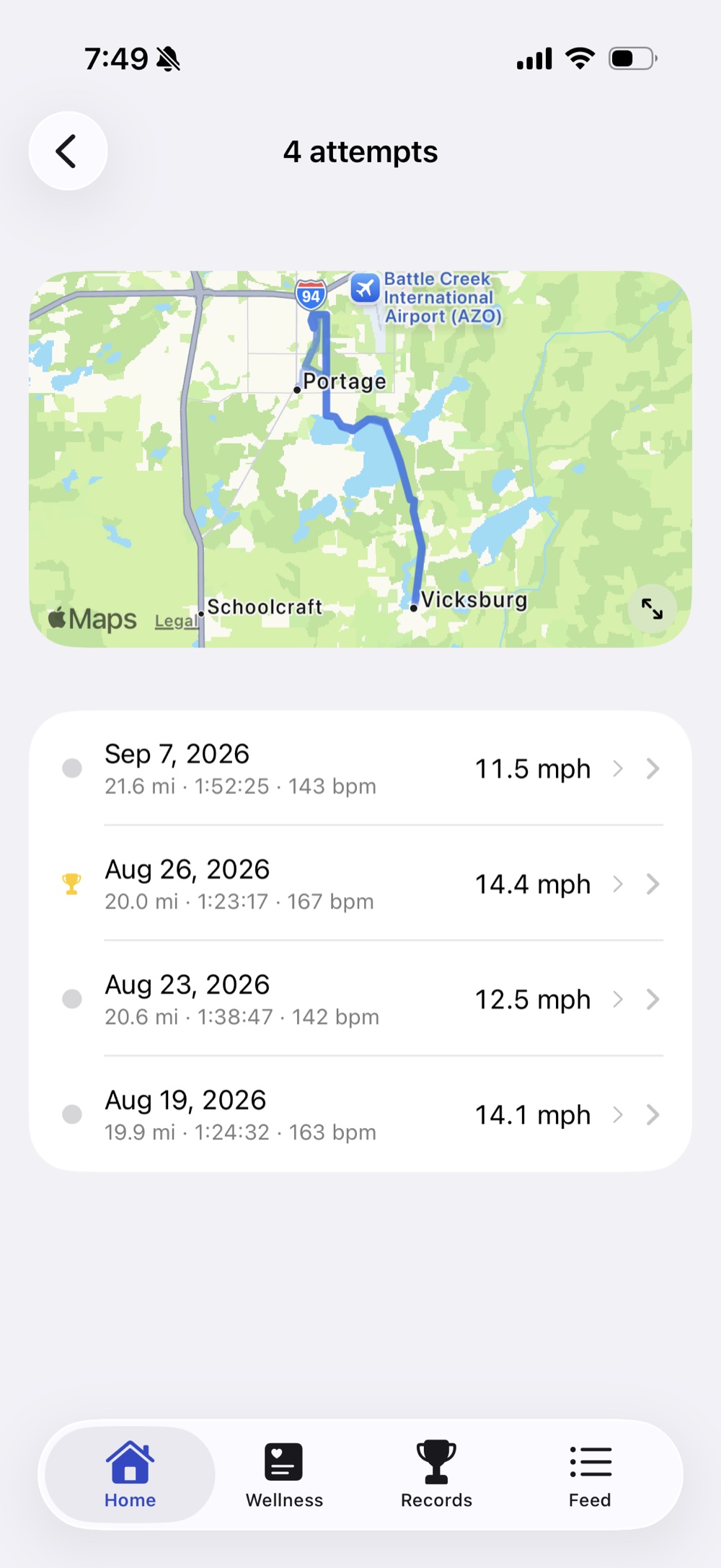 Map of a repeated route with four attempts listed and the fastest marked